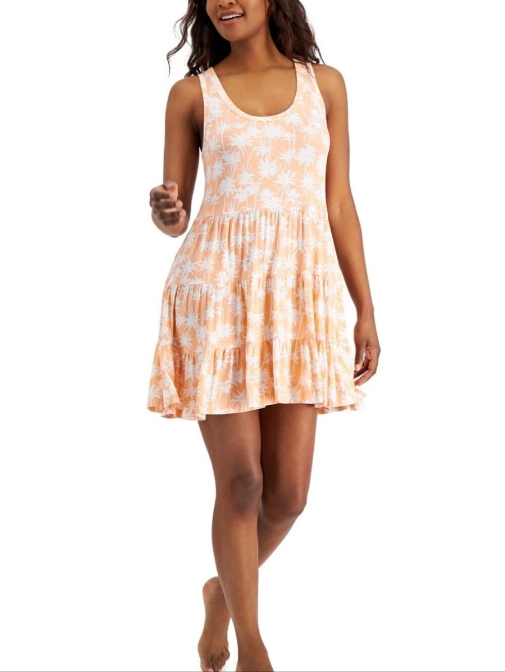 Jenni Peach & White Palm-Print Sleeveless Tiered Nightgown Chemise Dress New